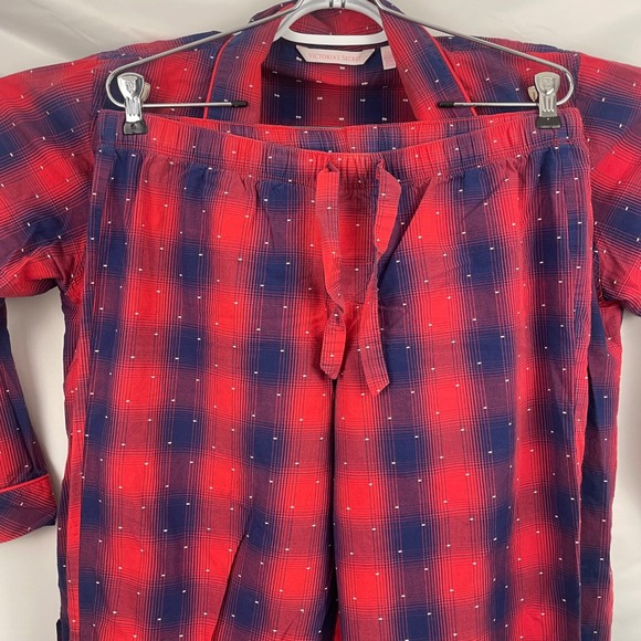 Y2K Victorias Secret Plaid Pajama Set Cotton Red Blue Holiday Comfy Winter Med - Picture 6 of 13